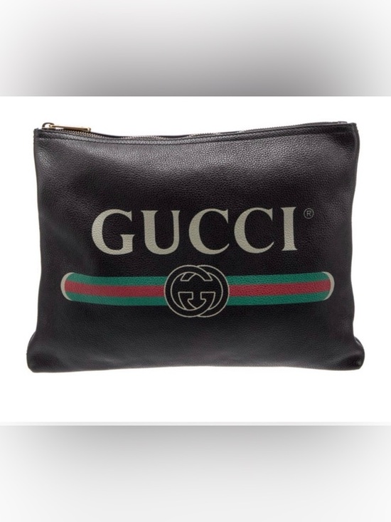 Gucci Handbags - GUCCI Unisex Coquette Vintage-Style Black Leather Logo Print Portfolio Clutch